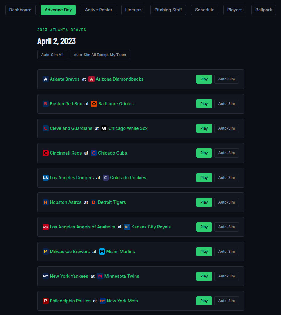 Advance Day screen listing every game scheduled for the current date
