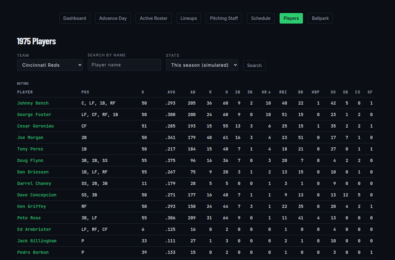 Batting table with sortable column headers on the Players screen