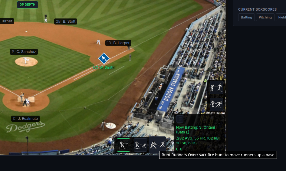 Bunt Runners Over button highlighted on the at-bat controls with a runner on base
