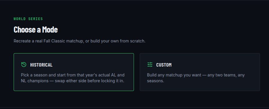 World Series mode picker with Historical and Custom options