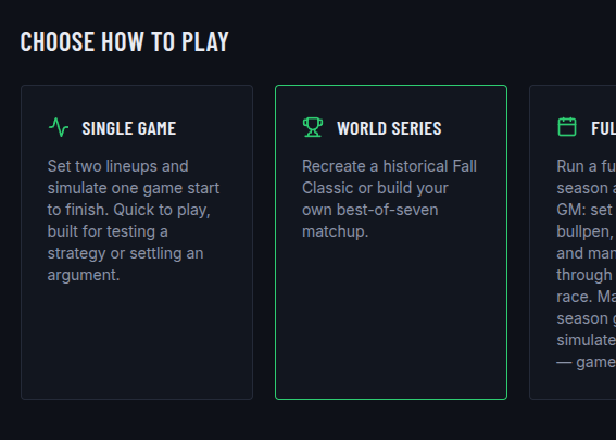 Custom World Series setup screen with a season and team picked for each side