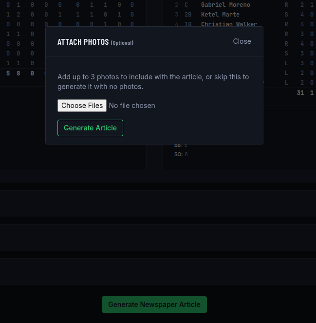 Generate Newspaper Article button below a completed game's Game Log