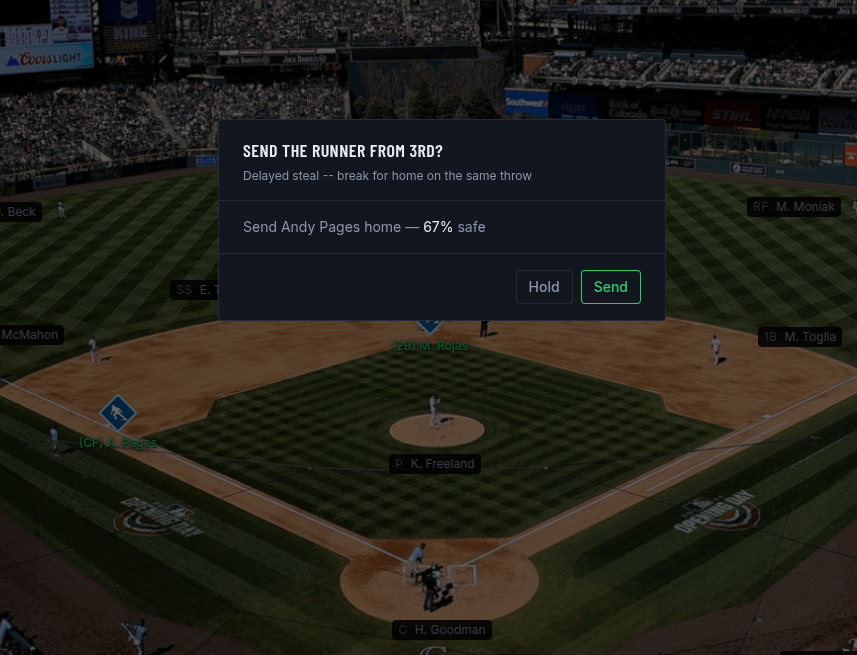 Send the Runner From 3rd? modal showing the odds of scoring on a delayed steal
