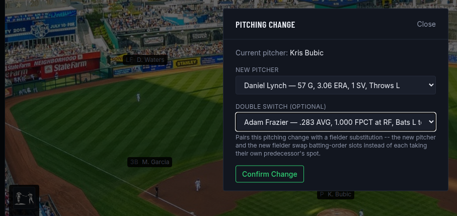Double Switch dropdown in the pitching change modal for a No DH game