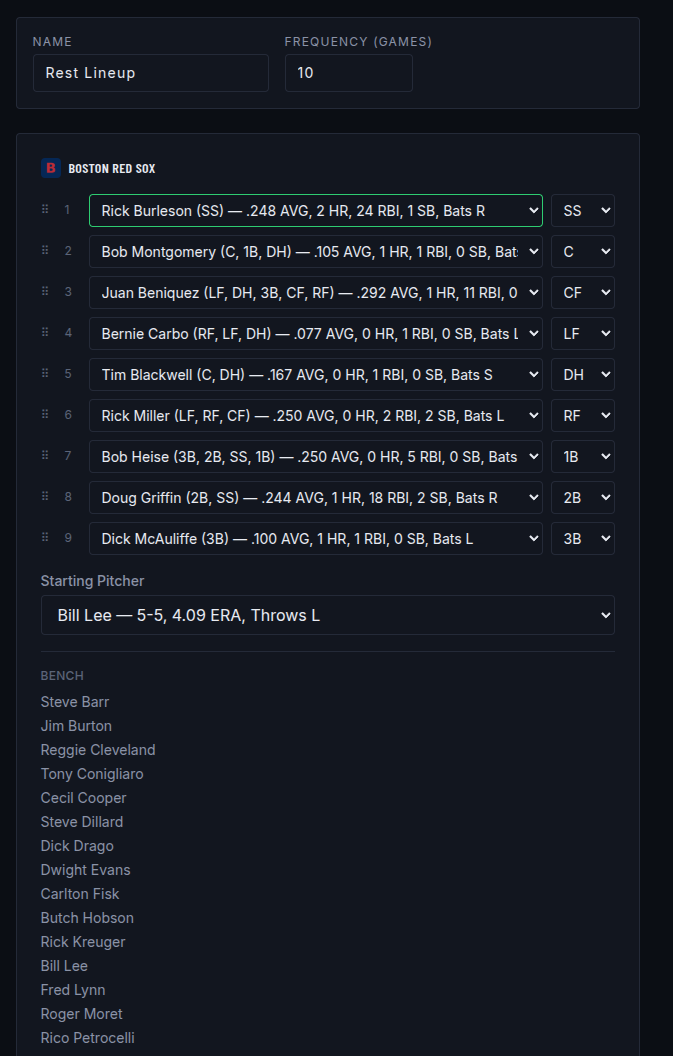 Editing a spot lineup's batting order, positions, name, and frequency