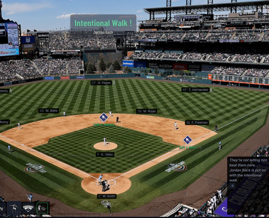 Intentional Walk button highlighted as the pitching side's active call