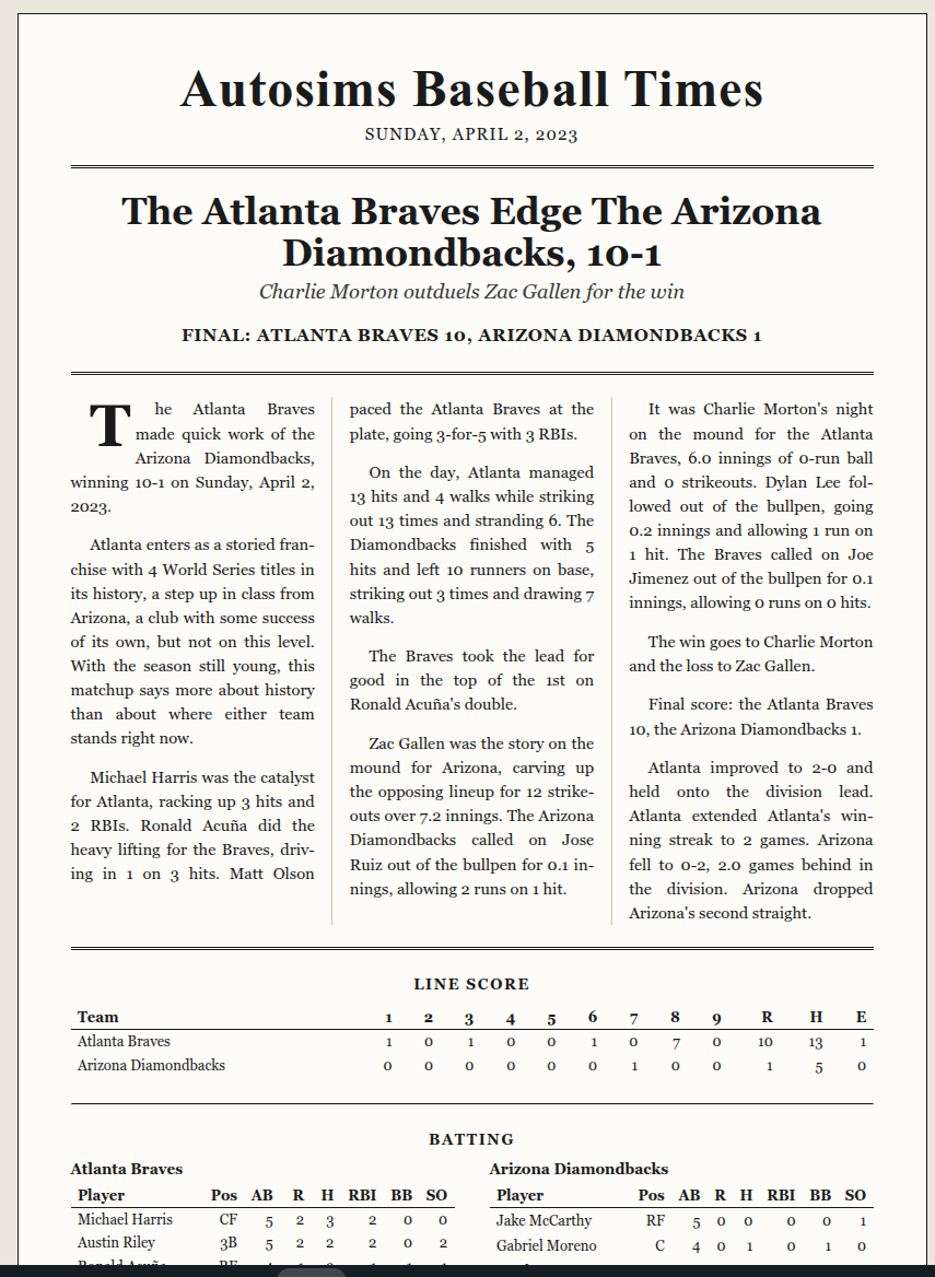 Generated newspaper article with headline, subheadline, and full write-up of the game