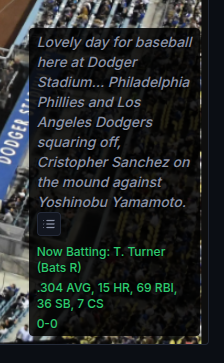 Now Batting card showing the current batter's season line and this game's line