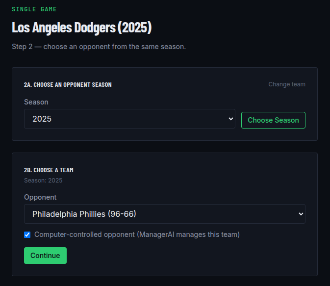 Season and team picker for choosing the opposing team