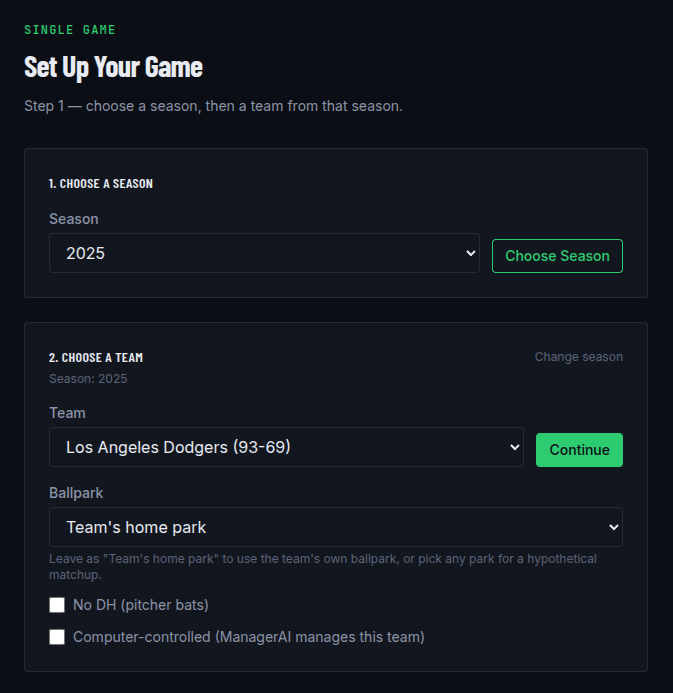 Season and team picker for choosing your own team