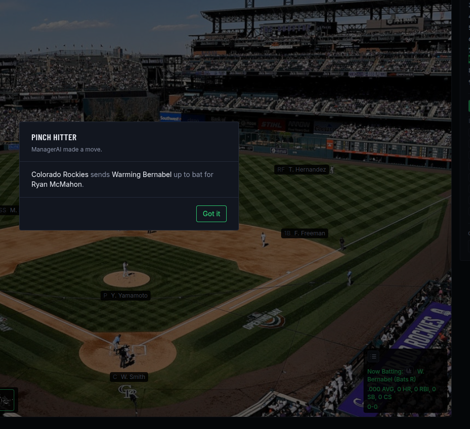 Confirmation popup announcing a computer-controlled team's pinch hitter
