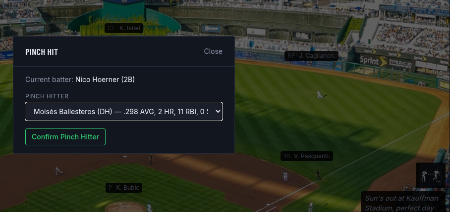 Pinch Hit popup listing bench hitters with their stat lines