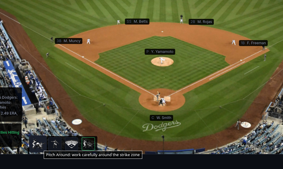 Pitch Around button highlighted as the pitching side's active call