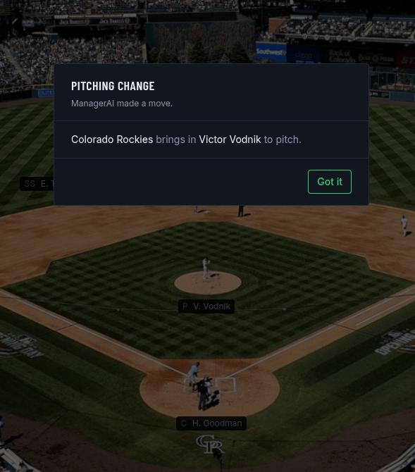 Confirmation popup announcing a computer-controlled team's pitching change