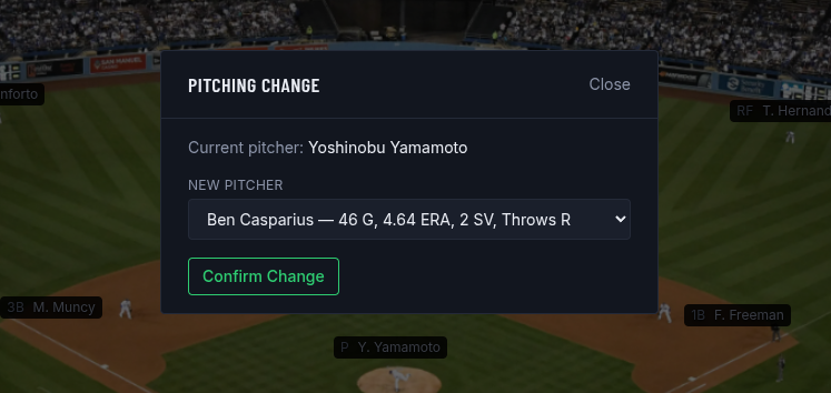 Change Pitcher popup with a reliever selected from the bullpen list