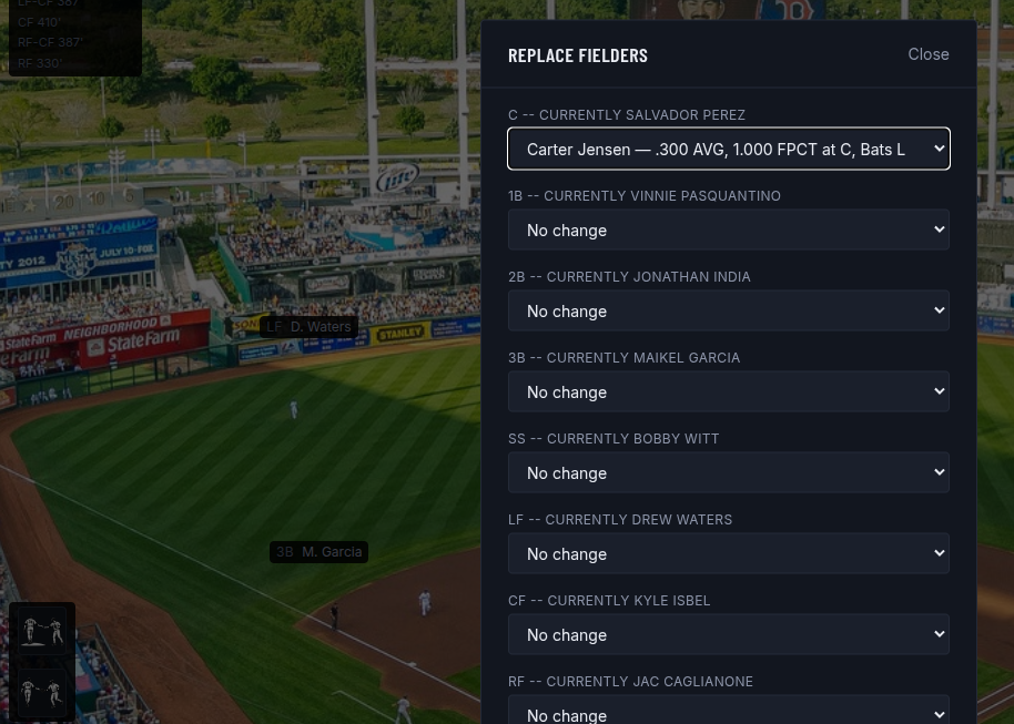 Replace Fielders popup with dropdowns for swapping in new players at open positions
