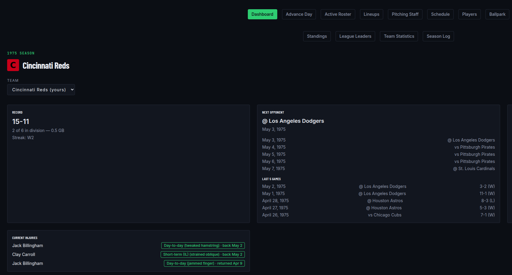 Season dashboard showing the managed team's record, streak, and next opponent