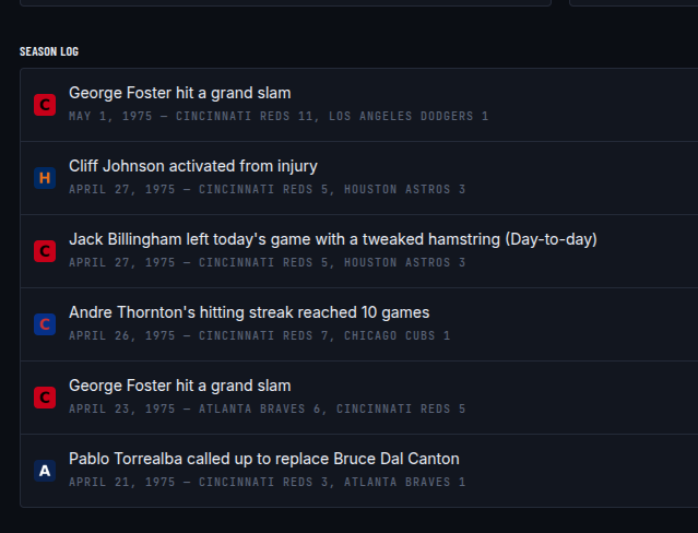 Season Log widget on the dashboard surfacing notable events for the team