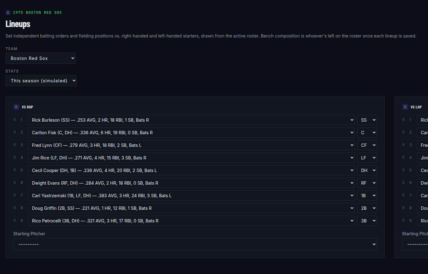 Season Lineups screen setting a vs-RHP and vs-LHP batting order