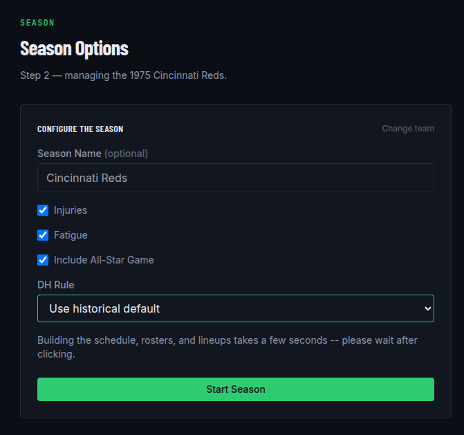 Season options screen with Injuries, Fatigue, DH Rule, and All-Star Game settings