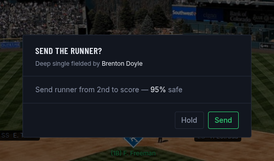 Send the Runner? modal showing the odds of an existing runner taking an extra base