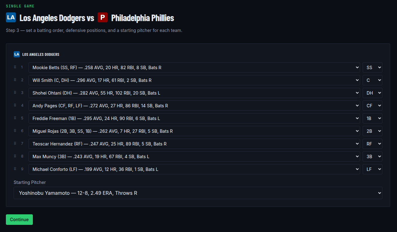 Lineup setup screen with batting order, defensive positions, and starting pitcher for both teams