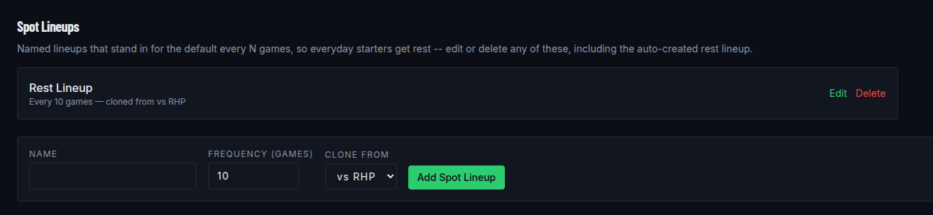 Spot Lineups section below the default lineups, with the Rest Lineup listed