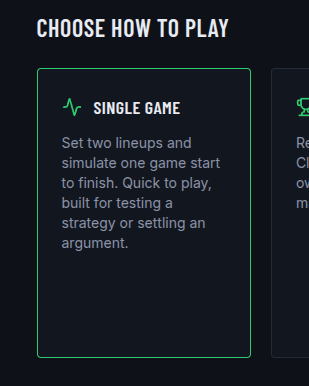 Baseball home page with the Single Game card under Choose How to Play