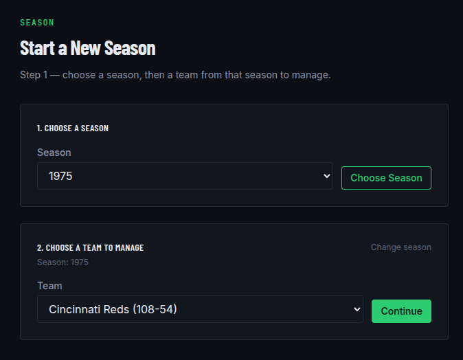Full Season setup screen for picking a year and team to manage as GM