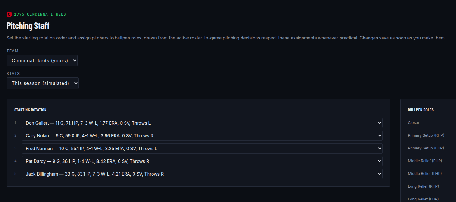 Pitching Staff screen with the starting rotation order set