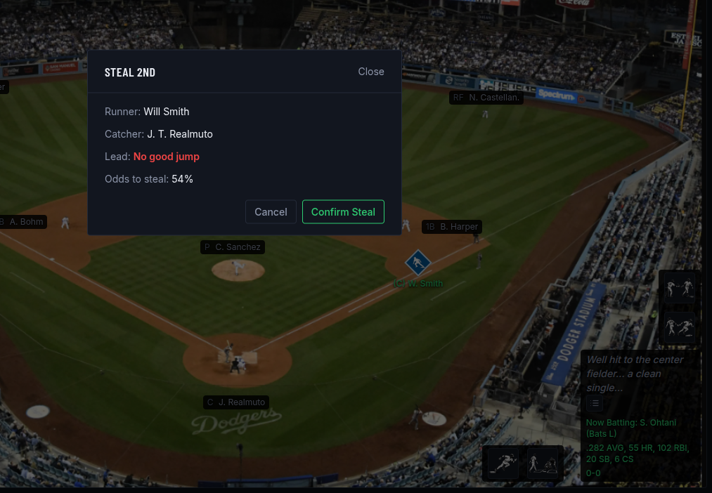 Steal confirm modal showing the odds of a runner stealing a base safely