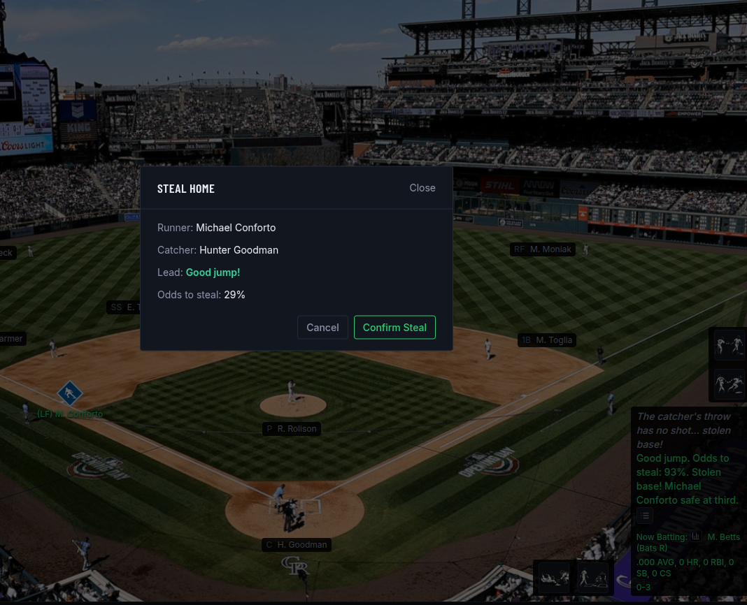 Steal Home confirm modal with a runner breaking from third