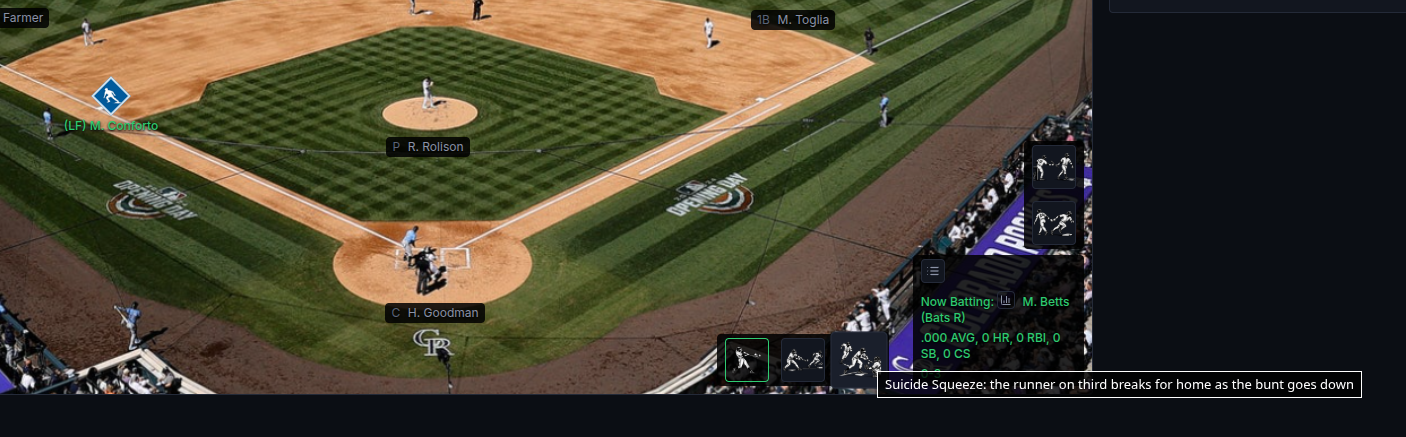 Suicide Squeeze button available with a runner on third and fewer than two outs