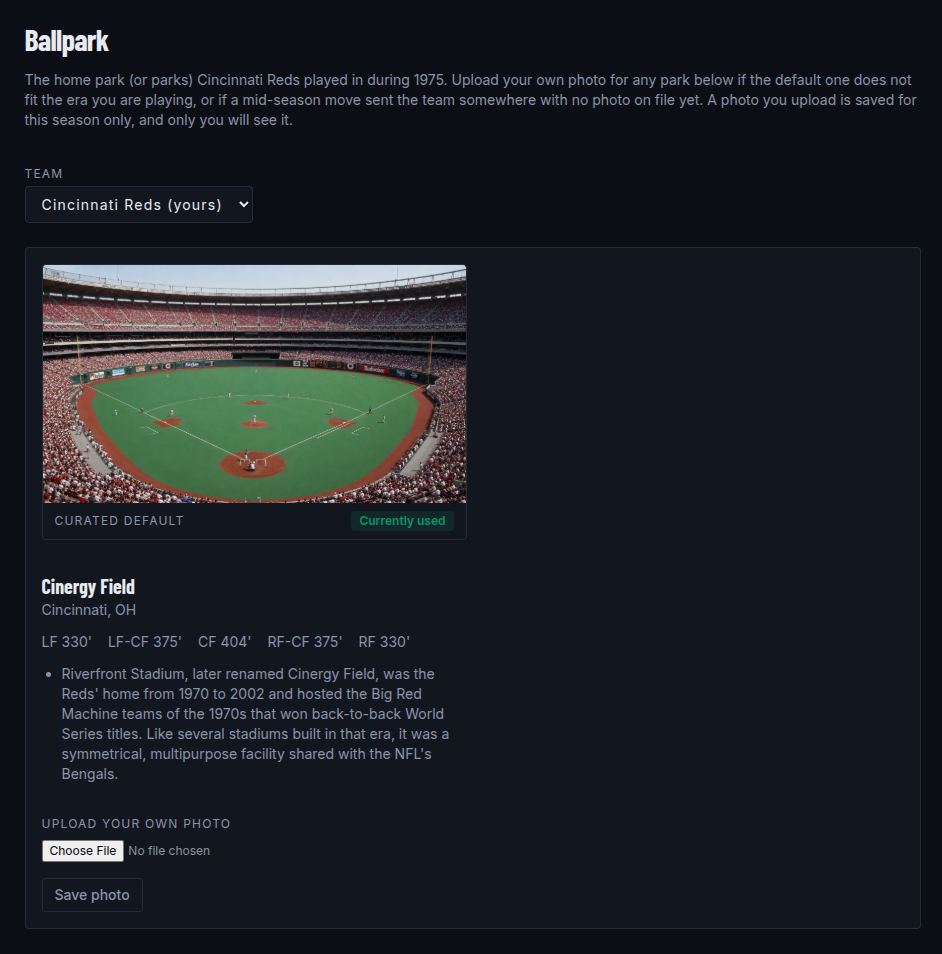 Ballpark screen showing the team's home park with its location and photo