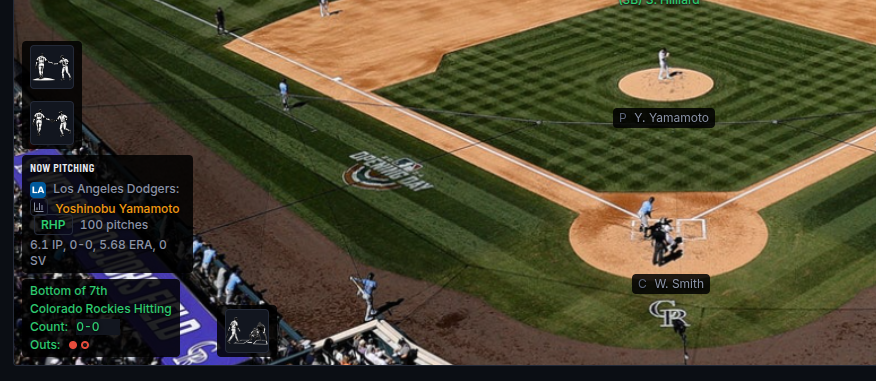 Pitching card flagging a tired pitcher's name and pitch count in red