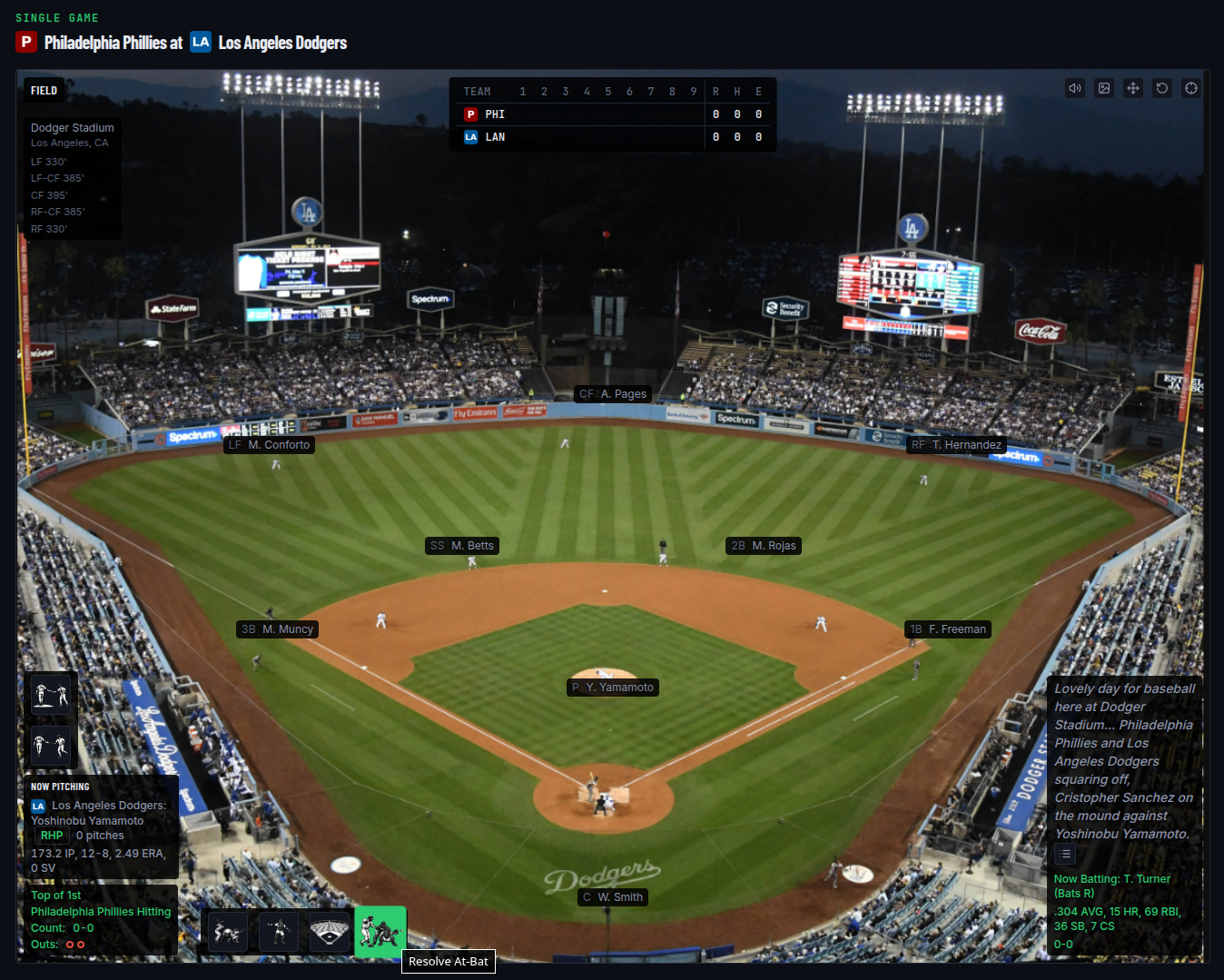 Gameboard mid at-bat with the Resolve At-Bat button ready to play out the plate appearance