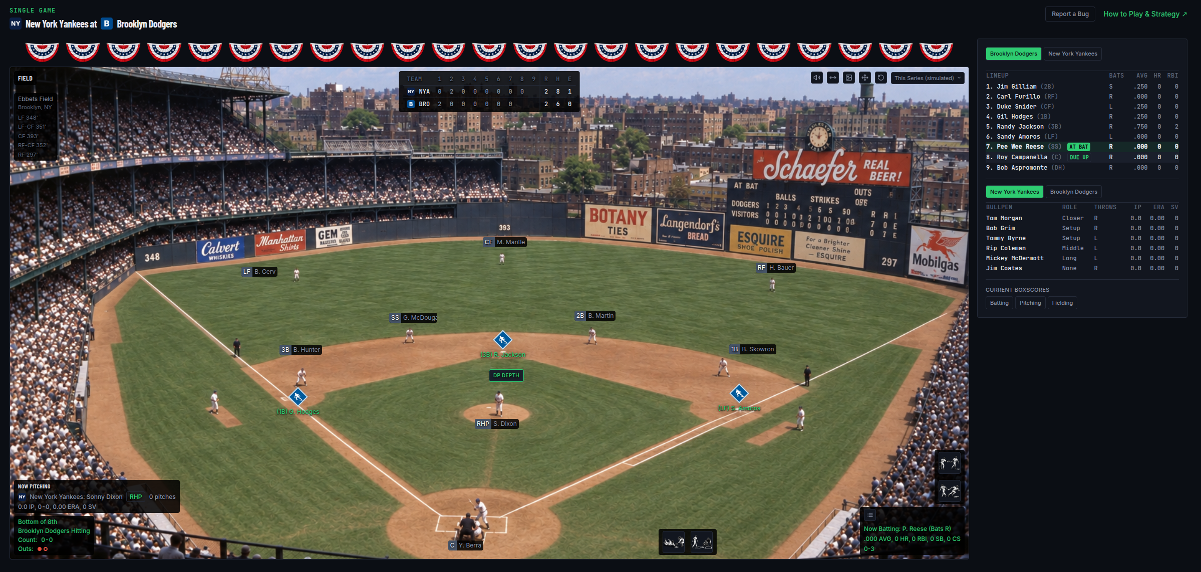 Live gameboard with diamond view, lineups, bullpen, scoreboard, and play-by-play