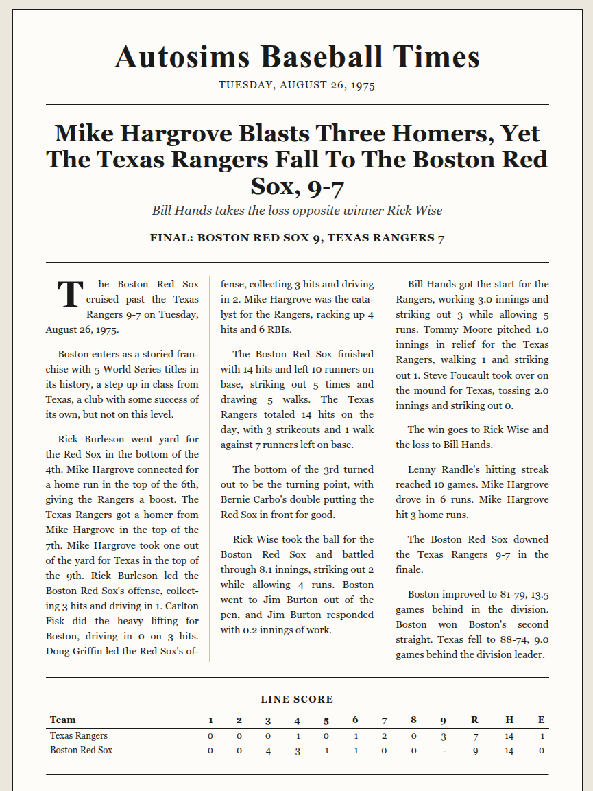 Newspaper-style game recap with masthead, headline, box score, and line score