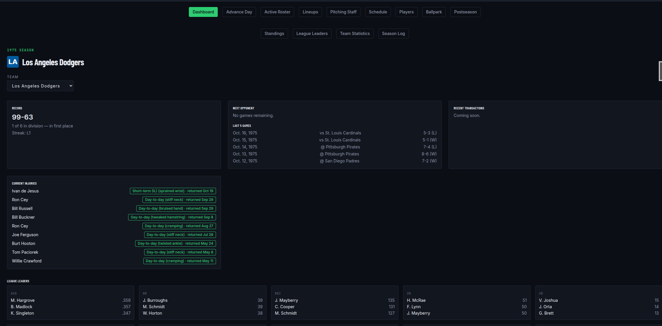 Season and GM dashboard with record, next opponent, injuries, and league leaders
